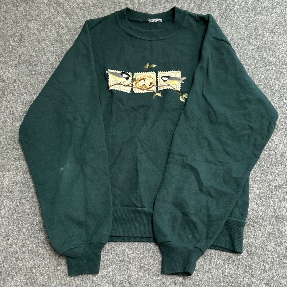 Vintage Sweatshirt Womens Size M Green Bird Nest Embroidered Graphic Pullover